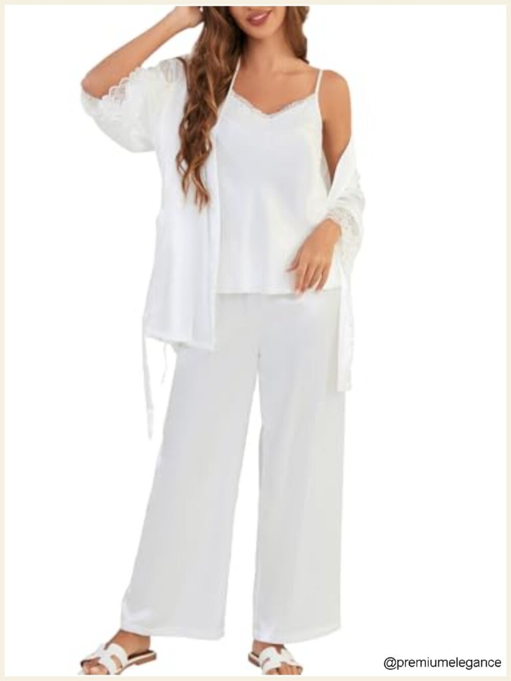 Women's Silk Pajama Set 3 Piece with Satin Robe, Cami Top and Long Pants